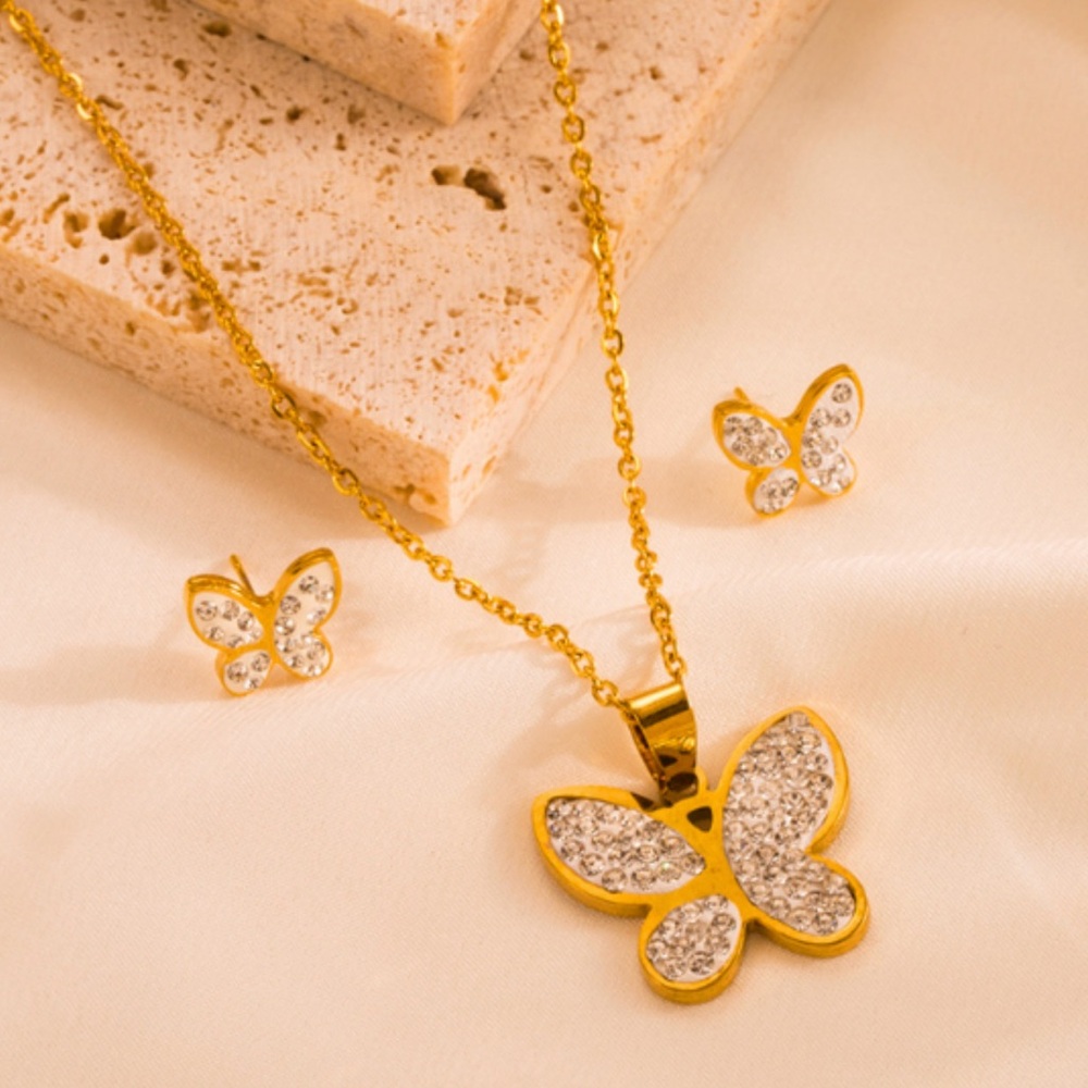 Butterfly Pendant Necklace Earrings Set Titanium Steel - Picture 3 of 4
